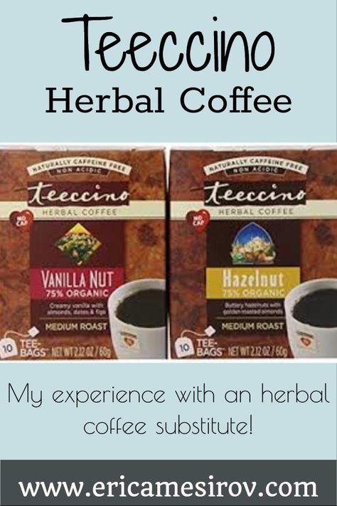 Teeccino herbal coffee substitute (caffeine-free beverages/ energy drinks/ drinks on a cleanse/ coffee substitutes/ Teeccino review/ nutritious drinks/ in place of coffee/ coffee like tea/ healthy tea/ instant coffee/ flavored coffee/ better than coffee/ drinks like coffee) Teeccino Coffee Recipes, Healthy Beverages, Healthy Tea, No Caffeine, Herbal Coffee, Coffee Substitute, Coffee Review, Green Coffee Bean Extract, Flavored Coffee