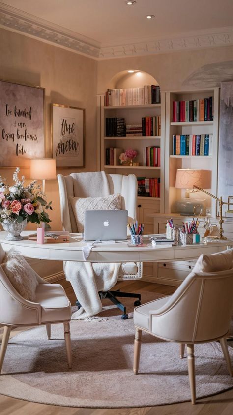 Create a chic and feminine home office that boosts productivity and inspires creativity. Use soft colors, elegant decor, and stylish layouts to design a workspace that’s both beautiful and functional. Visit our blog for more ideas! #homeofficeforwomen #feminineoffice #chichomedecor #homeofficedecor #homeinteriordesign #homeofficeinspiration #homeofficeideas #decoration #officeinteriors #nook Office Interior Design Feminine, Female Study Room Home Office, Girly Home Office Decor, Woman Office Aesthetic, Girly Corporate Office, Office Decor Feminine, Woman’s Home Office, Girl Office Aesthetic, Woman’s Office