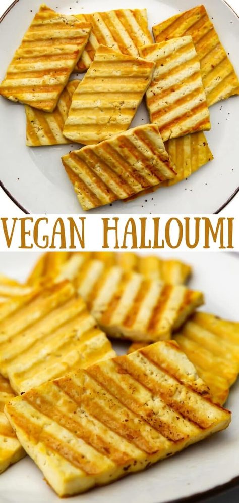 Vegan Halloumi cheese is easy to make with some tofu and a few simple vegan ingredients. It's a spongy slaty cheese that's delicious on salads, sandwiches, and greek style pasta dishes. thehiddenveggies.com How To Make Halloumi Cheese, Vegan Tofu Cheese, Gourmet Vegan Recipes, Tofu Halloumi, Tofu Cheese Recipe, Simple Vegan Breakfast, Vegan Tofu Recipes, Vegan Halloumi, Tofu Cheese