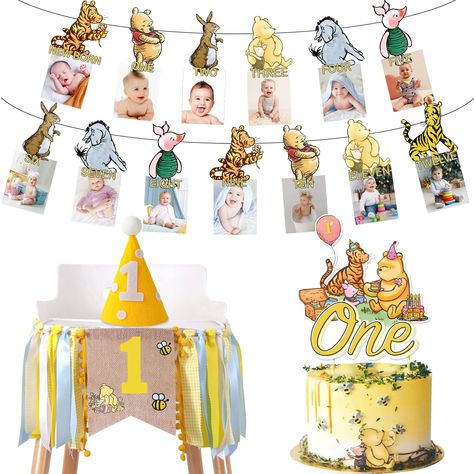 Our Hunny Turns One, Pooh Cake Topper, Photo Banner First Birthday, Winnie The Pooh First Birthday, First Birthday Hat, Baby First Birthday Themes, Pooh Cake, 1st Birthday Hats, First Birthday Hats