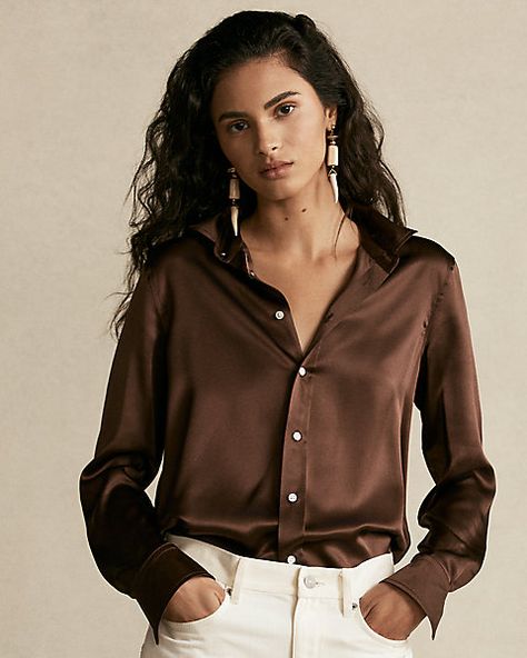 Silk Charmeuse Shirt Shawl Collar Cardigan, Lauren Brown, Brown Silk, Shell Buttons, Silk Charmeuse, Women Hoodies Sweatshirts, Ralph Lauren Tops, Silk Shirt, Mulberry Silk