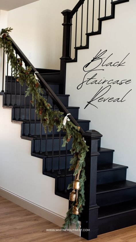 Black Staircases, Stairs Decor Ideas, Stairway Makeover, Downstairs Hallway, Stairs And Hallway Ideas, Black Stair Railing, Oak Decor, Farmhouse Stairs, Black Staircase