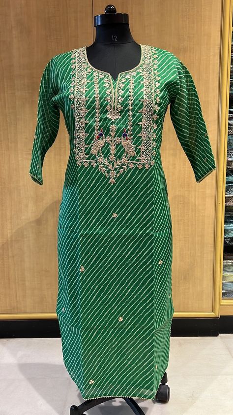 Gotta Patti kurti Embroidery On Neckline, Quilted Long Jacket, Gotta Patti Work, Blue Kurta, Gotta Patti, Block Print Quilt, Indian Ethnic Wear, Green Colour, Green And Blue