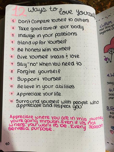 12 Ways To Love Yourself, What To Write In Your Notebook Ideas, What To Do With A Lined Notebook, Things To Put In A Notebook Ideas, Fun Journaling Ideas, Stuff To Write In A Journal, Vent Journal Ideas, Personal Journal Ideas Creative, Ways To Journal