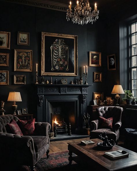 Dark Academia Living Room, Dark Academia Interior, Magick Art, Moody Living Room, Dark Living Rooms, Moody Decor, Dark Home Decor, Dark Home, Living Room Trends