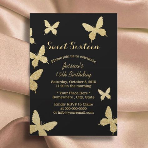 $2.8 | Chic Gold Butterflies Sweet 16 Invitations - sweet 16, sweet sixteen, birthday, gold, chic, modern, luxury, butterfly, unique, girl birthday party Graduation Invitation Card Design, Butterfly Sweet 16, Butterfly Birthday Theme, Graduation Invitation Cards, Black And Gold Theme, 16 Invitations, Gender Neutral Baby Shower Invitations, Sweet 16 Gifts, Sweet Sixteen Birthday