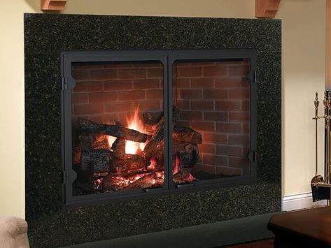 Icon Series Open Wood Fireplace | Heatilator Direct Vent Fireplace, Brick Interior, Oak Logs, Glass Fireplace, Mesh Door, Stove Fireplace, Room Additions, Wood Fireplace, Radiant Heat