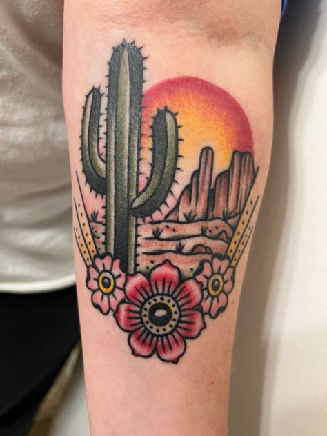 Texas Desert Tattoo, Western Landscape Tattoo, American Traditional Cactus, Desert Scene Tattoo, Traditional Cactus Tattoo, Joshua Tree Tattoo, Az Tattoo, Desert Tattoo, Arizona Tattoo