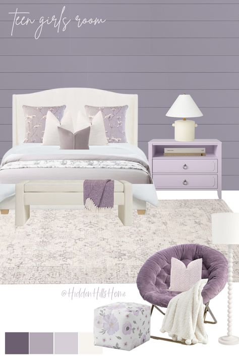 Teen girls room decor mood board with lavender and purple tones throughout! Cute girls room design ideas Girls Bedroom Lavender, Lavender Bedroom Ideas, Purple Girls Bedroom, Lavender Bedroom, Purple Girls Room, Bedroom Ideas Boho, Girls Bedroom Colors, Toddler Bedroom Girl, Purple Bedrooms