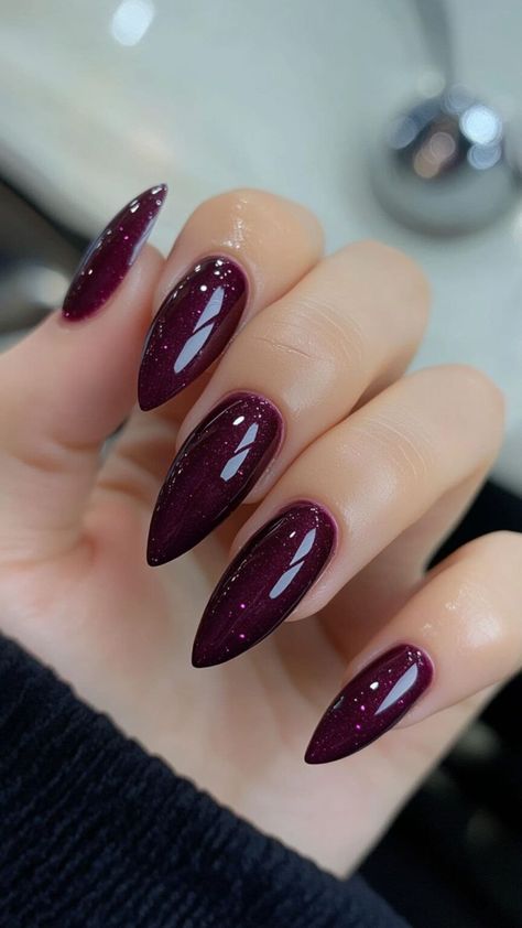 22 Early Fall Nail Colors You’ll Love: Perfect for Any Skin Tone | Lookosm Fall Nails Deep Purple, Fun Fall Nail Colors, Plum Nails Design, Plum Almond Nails, Dark Colors Nails, Plum Color Nails, Plum Colored Nails, Deep Plum Nails, Nail Ideas Solid Colors