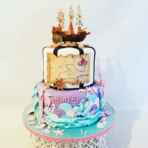 Mermaid And Pirate Birthday Cake, Pirate And Mermaid Birthday Party Cake, Mermaid And Pirate Cake, Double Birthday Cake Boy And Girl, Pirate And Mermaid Cake, Double Birthday Party Ideas Boy And Girl, Mermaid Pirate Cake, Mermaids And Pirates Party, Pirate And Mermaid Birthday Party