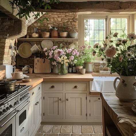 49 Enchanting English Countryside Kitchen Ideas You'll Want To Steal - Edward George Cosy Country Kitchen, English Countryside Interior Design, Kitchen Cosy, English Farmhouse Kitchen, Countryside Interior, Cosy Farmhouse, English Cottage Kitchens, Potted Herbs, Countryside Kitchen