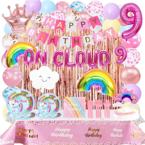 PRICES MAY VARY. pink on cloud 9 birthday party You will get: 32pcs12in latex balloons, 1pcs banner, 16in pink letter balloons ONCLOUD9 set, 2pcs rose gold rain curtain, 32in pink number 9, 1pcs crown aluminum mold balloon, 1pcs white cloud balloon, 1pcs rainbow aluminum mold balloon, 20pcs9in plate, 20pcs7in plate, 20pcs paper towel, 20pcs knife, 20pcs fork, 20pcs spoon, 1pcs birthday big insert, 1pcs tablecloth. The theme of rainbow is suitable for 9-year-old girls' birthday Parties, so that c Six Year Old Birthday Theme, Girls 9th Birthday Party Themes, 9 Year Birthday Party Theme Girl, Rainbow Bright Birthday Party, On Cloud 9 Birthday, Cloud 9 Party, Cloud 9 Birthday, Preteen Birthday, Girls 9th Birthday