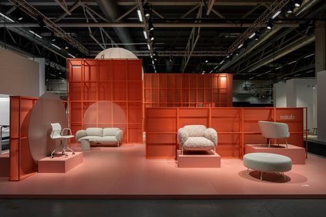 2020 Furniture Exhibitions And Fashion Shows Reimagined With A Mindset Of Re-Use Sofa And Armchair, Modular Structure, Showroom Interior Design, Stall Designs, Exhibition Booth Design, Showroom Design, Exhibition Display, 70th Anniversary, Exhibition Booth