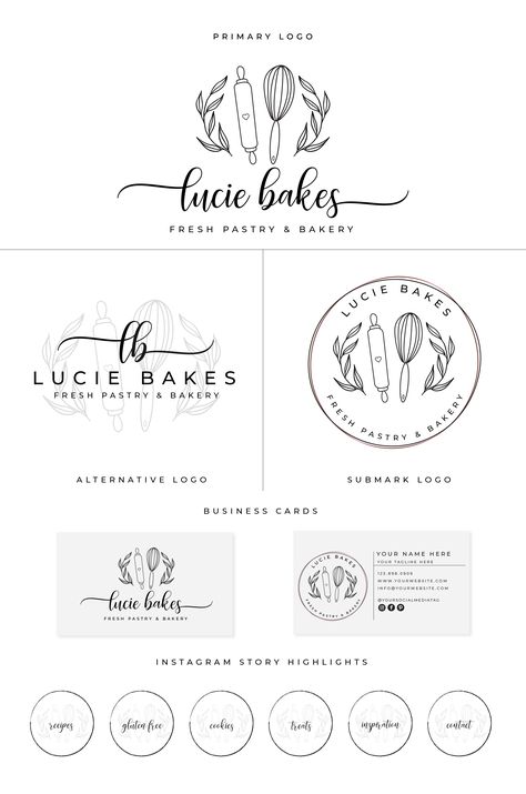 bakery logo set, baker logo, premade logo, food logo, business logo Logo For Pastry Business, Home Bakery Logo Ideas, Christian Bakery Names, Dessert Logo Design Ideas, Bakery Names Ideas, Cheesecake Business, Bakery Font, Artisanal Bakery, Home Bakery Logo