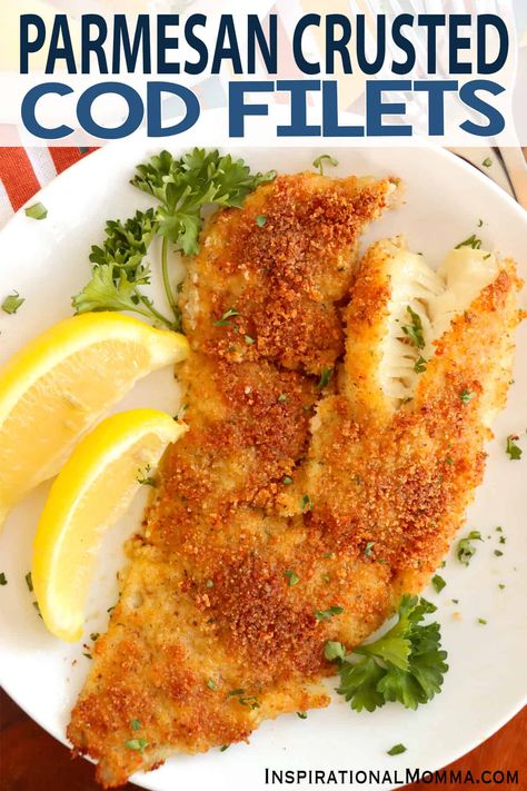 This parmesan crusted cod is coated in a seasoned parmesan breadcrumb mixture and baked to golden perfection. Easy, healthy, and so good! #inspirationalmomma #parmesancrustedcod #parmesancrustedcodrecipe Cod Parmesan Crusted, Parmesan Crusted Cod, Crusted Cod, Baked Cod Recipes, Fried Cod, Asian Dinners, Creamy Pasta Recipes, Crusted Salmon, Cod Recipes