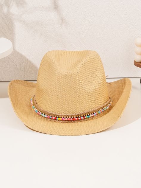 Beaded Cowboy Hat, Summer Cowboy, Sombrero Cowboy, Decor Beads, Hat Decor, Bead Decor, Beige Boho, Hat Ideas, Rhinestone Bead