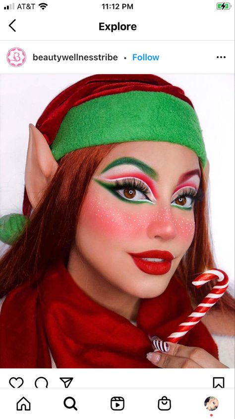 Diy Elf Makeup, Elf Dress Up Ideas, Elf Make Up Christmas, Easy Elf Makeup Christmas, Xmas Elf Makeup, Christmas Makeup Grinch, Santa Makeup Christmas, Grinch Makeup Looks Easy, Festive Christmas Makeup