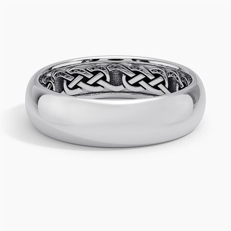 Men's 18K White Gold Hidden Celtic Knot 6mm Wedding Ring. A Celtic knot wraps across the inner edge of this band while a high polish exterior provides a classic outward-facing design. Silver Men’s Wedding Ring, Mens Viking Wedding Ring, Rings Wedding Couple Unique, White Gold Wedding Rings Men, Groom Ring Wedding Silver, Claddagh Wedding Bands, Celtic Knot Wedding Band, Unique Wedding Rings For Him, Celtic Rings For Men