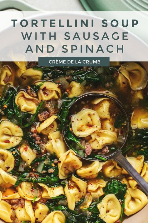 This Tortellini Soup with Sausage and Spinach is a comforting and hearty soup that combines the rich flavors of sausage, tender tortellini pasta, and vibrant spinach in a flavorful broth! Perfect for chilly evenings or as a nourishing meal any time of the year! Spinach Sausage Tortellini Soup, Tortellini Sausage Spinach Soup, Soups With Spinach, Rustic Italian Tortellini Soup Recipe, Sausage Spinach Tortellini Soup, Beef Tortellini Soup, Soup With Sausage And Spinach, Sausage Spinach Soup, Tortellini Soup Recipes