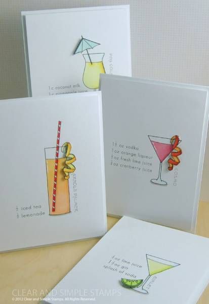 Drink recipes are even more fun when you can incorporate them into a set of note cards.  A free PDF download is available on the CSS blog...  Visit Blog for more: http://www.clearandsimplestampsonline.com/2012/08/c4rir-1/ Wine Cards, Cocktail Cards, Craft Card, Summer Cards, Card Tags, The Glass, Paper Cards, Simple Cards, Recipe Cards