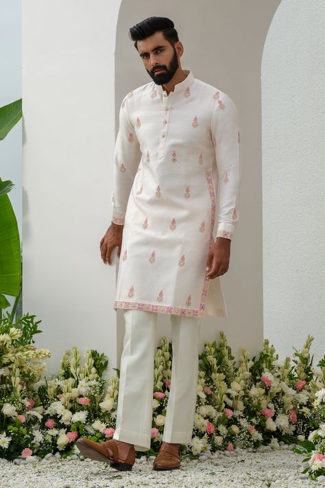 Shop for these amazing collections of Pink Kurta: Raw Silk Embroidered Thread Floral With Bell Bottom Pant For Men by Amrit Dawani online at Aza Fashions. Kurta With Bell Bottoms, Manish Malhotra Menswear Kurta, Bellbottom Pants Outfits Men, Latest Kurta Pattern For Men, White Kurta Pajama Men, Bellbottom Pants Outfits, White Kurta Men, Kurta Poses, Kurta Designs Men's