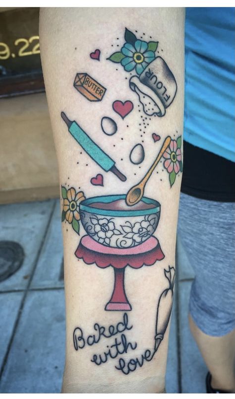 Tattoos For Bakers, Chef Tattoo Ideas, Cupcake Tattoo Designs, Dessert Tattoo, Baking Tattoo, Cooking Tattoo, Baker Tattoo, Culinary Tattoos, Grandma Tattoos