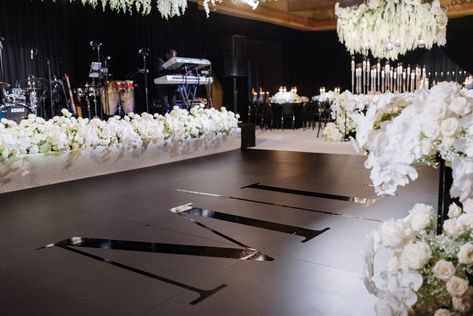 Black Dance Floor Wedding Receptions, Modern Dance Floor Wedding, Luxe Black And White Wedding, Black Wedding Dance Floor, Black Dancefloor Wedding, Classy Wedding Dance Floor, Wedding Black Backdrop, Wedding Dance Floor Ideas Indoor, Wedding Ceremony With Tables Set Up