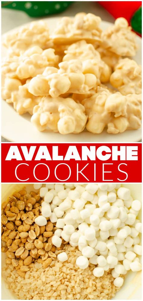 No Bake Avalanche Cookies, Drop Cookies No Bake, Avalanche Cookies, Almond Bark Recipes, Peanut Butter Rice Crispies, Peanut Butter White Chocolate, Christmas Cookie Exchange Recipes, Christmas Baking Cookies, Peanut Butter Marshmallow