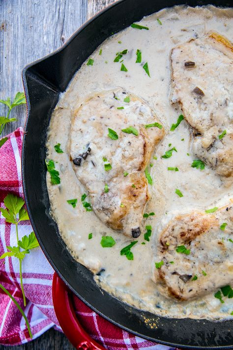 Baked Pork Chops With Cream of Mushroom Soup | The Kitchen Magpie Mushroom Soup Pork Chops, Pork Loin Chops Recipes, Boneless Pork Chop Recipes, Mushroom Pork Chops, Easy Pork Chops, Pork Chop Recipes Baked, Easy Pork Chop Recipes, Mushroom Soup Recipes, Cream Of Mushroom Soup