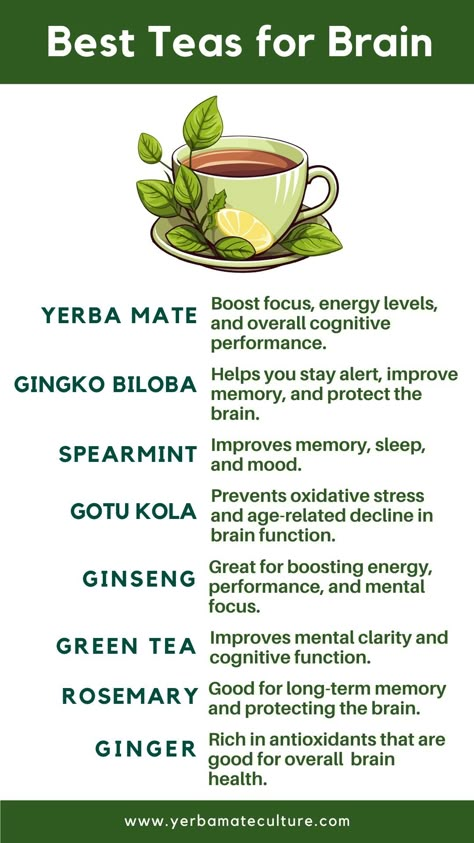 Read this guide and find the best teas for focus, memory, and brain function. These natural remedies are made with tasty and healthy herbs. Herbal Tea Benefits, Best Teas, Green Tea Lemon, Best Herbal Tea, Tea Health, Food Health Benefits, Tea Health Benefits, Health Tea, Healthy Herbs