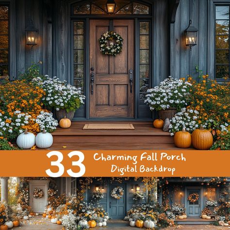 Capture the cozy essence of fall with this Charming Fall Porch Digital Backdrop, featuring pumpkins, vibrant flowers, and a welcoming front door. 🎃🍂 Perfect for seasonal photoshoots, holiday cards, or creating warm autumnal memories, this backdrop provides a stunning and inviting scene for your creative projects. ‼️ IMPORTANT: Please be aware that I create the digital backdrops with an AI generator. 🖥️✨ 🌟 Key Features: High Resolution: Crisp and detailed imagery, ideal for both professional Fall Home Decor Outdoor Front Porch, Front Porch Pumpkins Display, Fall Flower Pots Front Porches, Fall Exterior Decor, Front Yard Fall Decor, Fall Decor Outside, Fall Outdoor Decorations, Fall Outside Decor, Autumn Front Porch