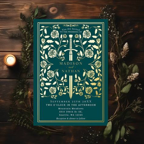 Teal Royal Medieval Sword Wedding Foil Invitation Invite your wedding guests with this Royal Gold Sword Medieval Fantasy design. It is perfect for couples seeking a regal yet modern medieval fantasy aesthetic. For more invitations and gifts, our Zazzle shop #linkinbio #Zazzlemade #weddingstationery #weddinginvitation #weddingplanner #weddingplans #weddinginspiration #weddinginspo #elegantwedding #weddingtrends #weddingsuite #weddinginvites #weddingideas #weddinginvitations #weddinginvites ... Medieval Wedding Invitations, Medieval Fantasy Aesthetic, Princess Wedding Invitations, Modern Medieval, Enchanted Forest Wedding, Medieval Wedding, Fantasy Design, Reception Dinner, Swords Medieval