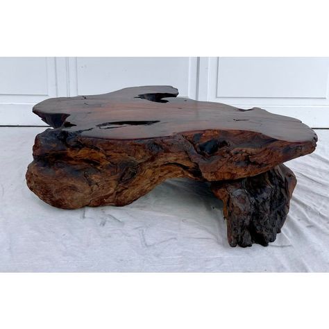 Here is a stunning table that is made from a natural, organic edged wood slab and root pieces.  The top of the table is flat and lacquered, and has a beautiful wood grain design.  I love that this table looks special from every angle!  You can use it as a coffee or side table.  Very sturdy, very solid piece.  When you look below you can see that there are iron supports, hidden from the top.  Nakashima inspired style.  Timeless. Tree Stump Tables, Petrified Wood Side Table, Earthy Furniture, Live Edge Wood Coffee Table, Raw Wood Coffee Table, Nature Furniture, Tree Stump Coffee Table, Wood Table Living Room, Centre Tables