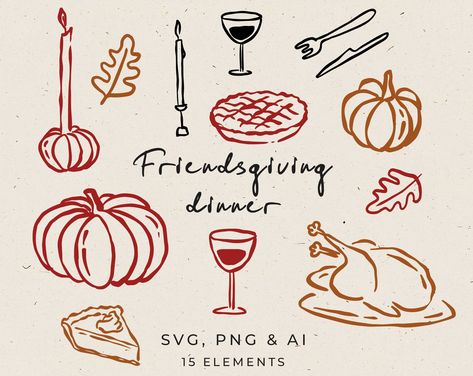 Hand-drawn set Friends Giving Illustrations in Whimsical style. This set includes 15 hand-drawn main attributes of Thanksgiving Dinner such as a turkey, pumpkin pie, wine, candles, leaves, pumpkin etc. If you are looking for a clipart to create an invitation for a Thanksgiving party, dinner invitation, menus, etc. Easy editable in Canva. PERSONAL USE: It can be used for end products, not for sale. You may not forward, share, sell, or distribute this product. They are provided for non-commercial use only. You aren't allowed to resell my product as your own on Etsy and other selling platforms. COMMERCIAL USE If you want to use these illustrations for commercial purposes, you must buy a Commercial License listing. This type of license allows you to use illustrations for creating up to 500 end Hand Drawn Fall Wreath, Thanksgiving Dry Erase Board Ideas, Friendsgiving Poster Ideas, Countdown To Thanksgiving, Thanks Giving Illustrations, Thanksgiving Food Illustration, Thanksgiving Illustration Art, Thanksgiving Drawings Doodles, Thanksgiving Design Graphic