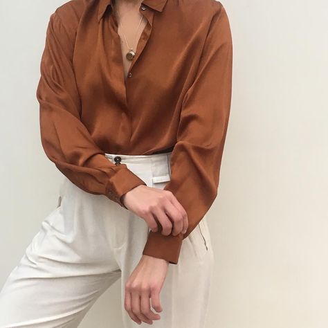 Vintage rust silk button up blouse fits s-l $42 + shipping SOLD Silk Botton Blouse Outfit, Silk Button-up Tops For Fall, Casual Button-up Silk Blouse, Fall Silk Button-up Tops, Rust Aesthetic, Silk Button-up Blouse With Cuffed Sleeves, Blouse Fits, Aesthetic Fit, Silk Button Up