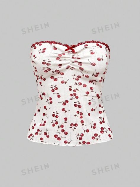 ROMWE Kawaii Casual Yet Sexy Lace & Cherry Patterned Top With Bowknot And Ruffled Elastic Hem For Ladies' Holiday Or Vacation, School | SHEIN USA Coquette Lace Top, Romwe Kawaii, Seventeen Concert, Kawaii Casual, Concert Ideas, Fashion Dictionary, Strapless Crop Top, Lace Hem, Women Tops