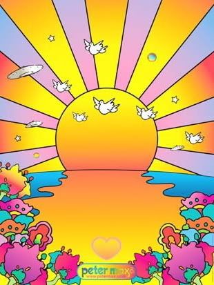 I bought a peter Max outfit for my 8th grade class trip. I cried when my mom hemmed them for me and I was so short she had to cut all the bell off the bottom of the pants. Peter Max Art, 60s Art, Peter Max, Psy Art, North Rhine Westphalia, Sun Art, Trippy Art, Hippie Art, Mellow Yellow