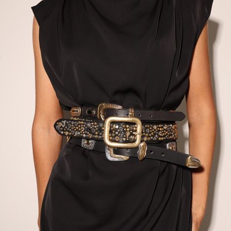 Belts • Instagram Belts Aesthetic, Buckle Outfits, Gold Outfit, Belt Top, Western Chic, Moda Boho, Belt Style, Studded Belt, Black Leather Belt