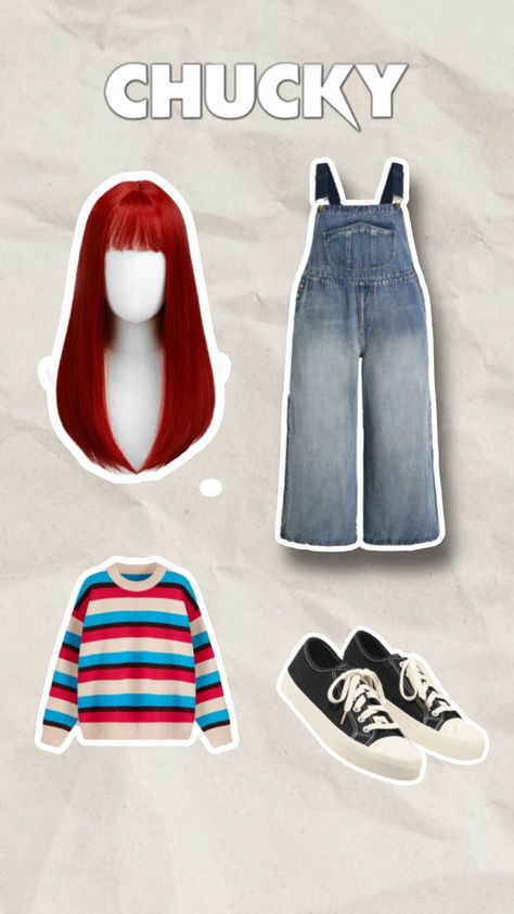 Chucky outfit Chucky Costume Female, Chucky Outfit, Chucky Doll Costume, Chucky Halloween Costume, Chucky Costume, Chucky Halloween, Outfit Couple, Chucky Doll, Costumes Ideas