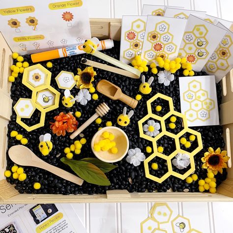 Bee Sensory Bin, Wooden Tongs, Honeycomb Cereal, Bee Crafts For Kids, Mini Sunflowers, Play Cards, Wooden Scoop, Honey Dipper, Mini Flowers