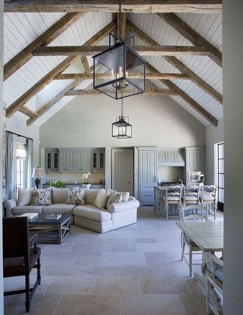 Exposed Beams Ceiling, Vaulted Ceiling Living Room, Bright Interior, Cathedral Ceilings, Stone Floor, Wood Beam Ceiling, Exposed Beams, White Ceiling, Cabin Ideas