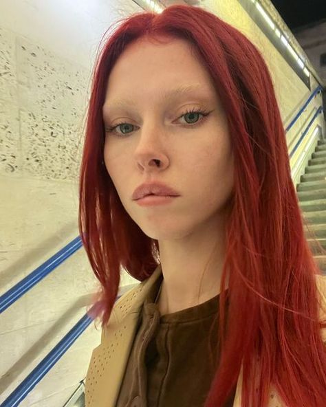 Makeup With Orange Hair, Red Hair Blonde Eyebrows, Bleached Eyebrows Pink Hair, Bleached Brows Red Hair, Red Hair Eyebrows, Red Hair Bleached Eyebrows, No Eyebrow Makeup Look, Dyed Eyebrows Colors, No Eyebrows Aesthetic