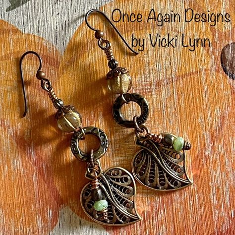 Fall Leaf Earrings, Boho Earrings Hippie Bohemian, Diy Earrings Dangle, Boho Jewelry Earrings, Czech Beads Jewelry, Whimsical Earrings, Copper Earrings Handmade, Boho Jewelry Diy, Czech Glass Jewelry