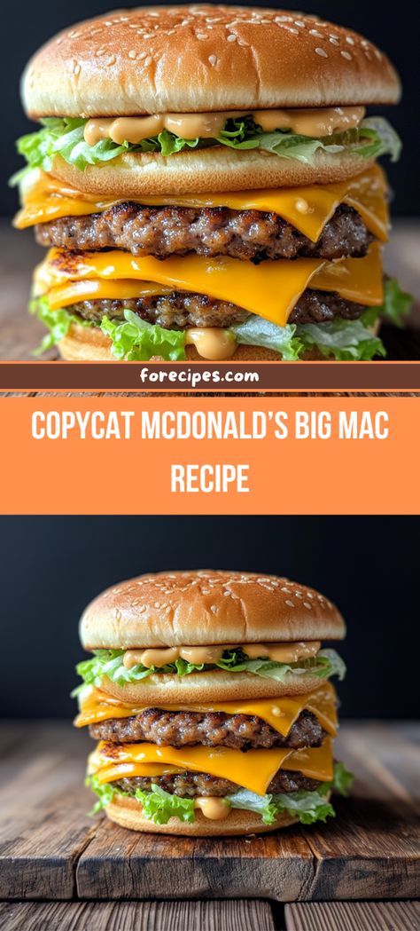 The Big Mac, McDonald's iconic burger, is famous for its special sauce and unique three-layer bun. Big Mac Recipe, Burgers Homemade, Unique Burger Recipes, Lunch Casserole, Homemade Hamburger Patties, Mcdonalds Burger, Burger Patty Recipe, Mcdonalds Recipes, Hamburger Recipes Patty