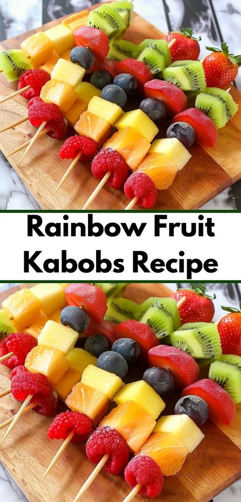 Looking for kids party food? Our Rainbow Fruit Kabobs Recipe is ideal! Colorful fruit kabobs for party fun, perfect as a healthy dessert recipe. Kabobs For Party, Rainbow Fruit Kabobs, Fruit Skewers, Kabob Recipes, Fruit Kabobs, Rainbow Fruit, Refreshing Desserts, Kids Party Food, Fruit Salad Recipes