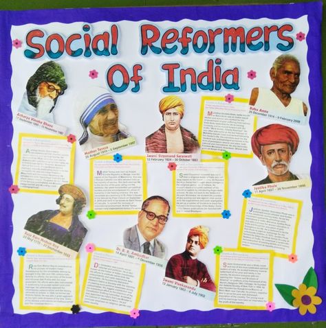 Social Reformers of india Social Reformers Of India Chart, Magazine Ideas For School Project, Social Science Chart Ideas, Indian History Project Ideas Creative, Poster Making Topics, Social Reformers Of India, Charts For Classroom Decoration, Social Studies Teaching Strategies, Women History Month Bulletin Board