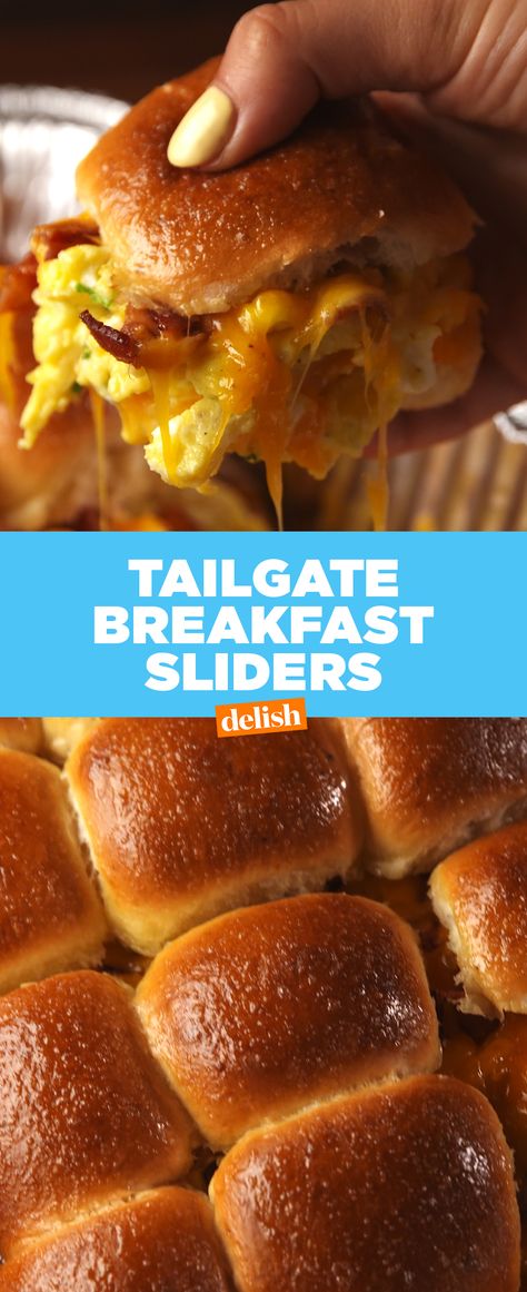 Tailgate Breakfast Sliders are the best way to prep your crew up for Game Day. Get the recipe from Delish.com. Tailgate Breakfast, Breakfast Tailgate, Breakfast Tailgate Food, Sliders Easy, Breakfast Sliders, Breakfast Slider, Tailgating Recipes, Breakfast Sausage, Tailgate Food