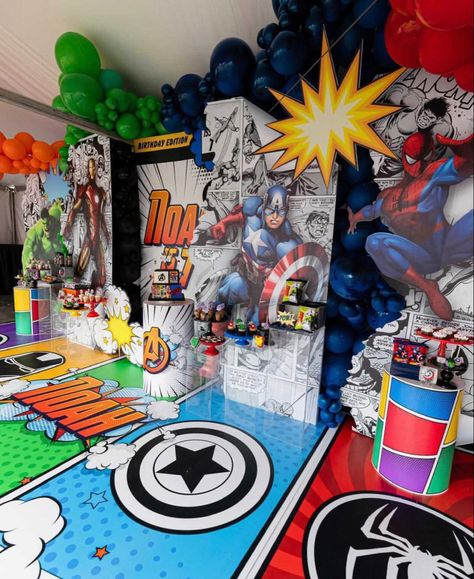 Avengers Backdrop Ideas, Avengers Birthday Backdrop, Marvel Decorations Party, Marvel Backdrop, Marvel Themed Birthday Party, Avengers Backdrop, Avengers Birthday Party Decorations, Avengers Decorations, Marvel Decor