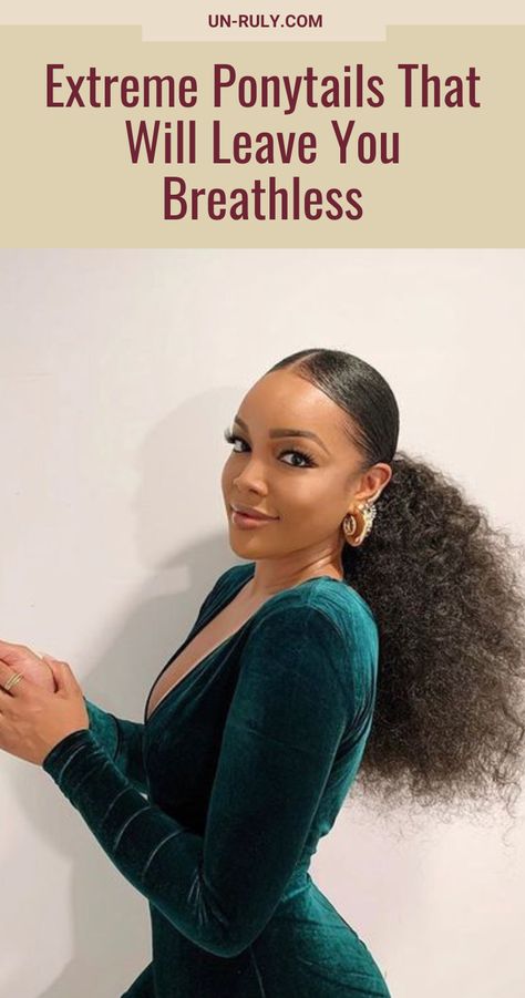 Sleek Ponytail For Curly Hair, Added Ponytail Hairstyles Black, Bushy Ponytail Black Women, Down Ponytail Hairstyles Black Women, Long Afro Ponytail Hairstyles, Wavy Hair Low Ponytail, Dramatic Ponytail Hairstyles, Bushy Ponytail Hairstyles Black, Wedding Hairstyles Guest Black Women